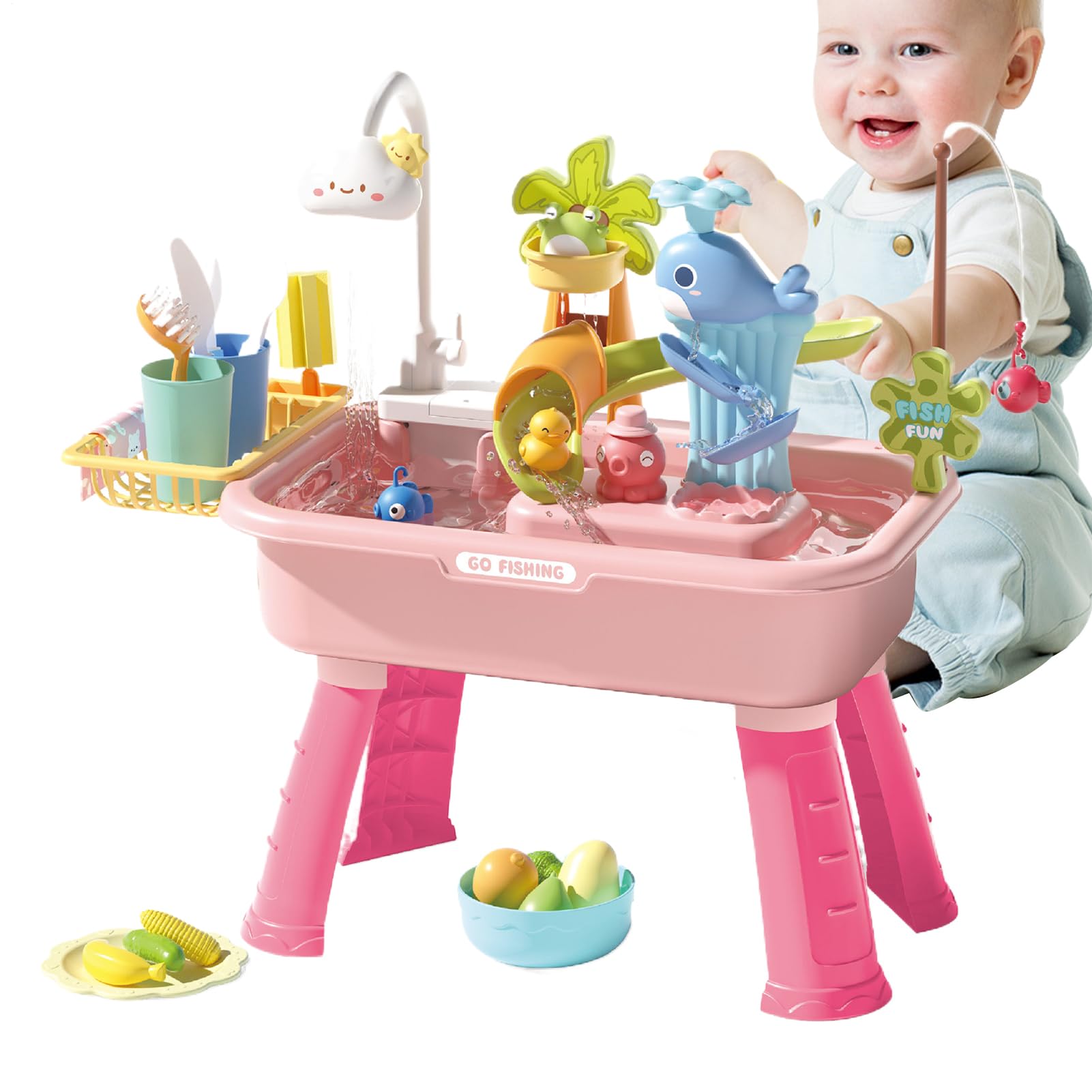 Tavolo Acquatico Esterno Tavolo Sensoriale Acquatico | 4 in 1 con Rubinetto Elettrico Educativo Bambini Casa Giardino Viaggio Asilo Picnic Campeggio Cortile Simbolico