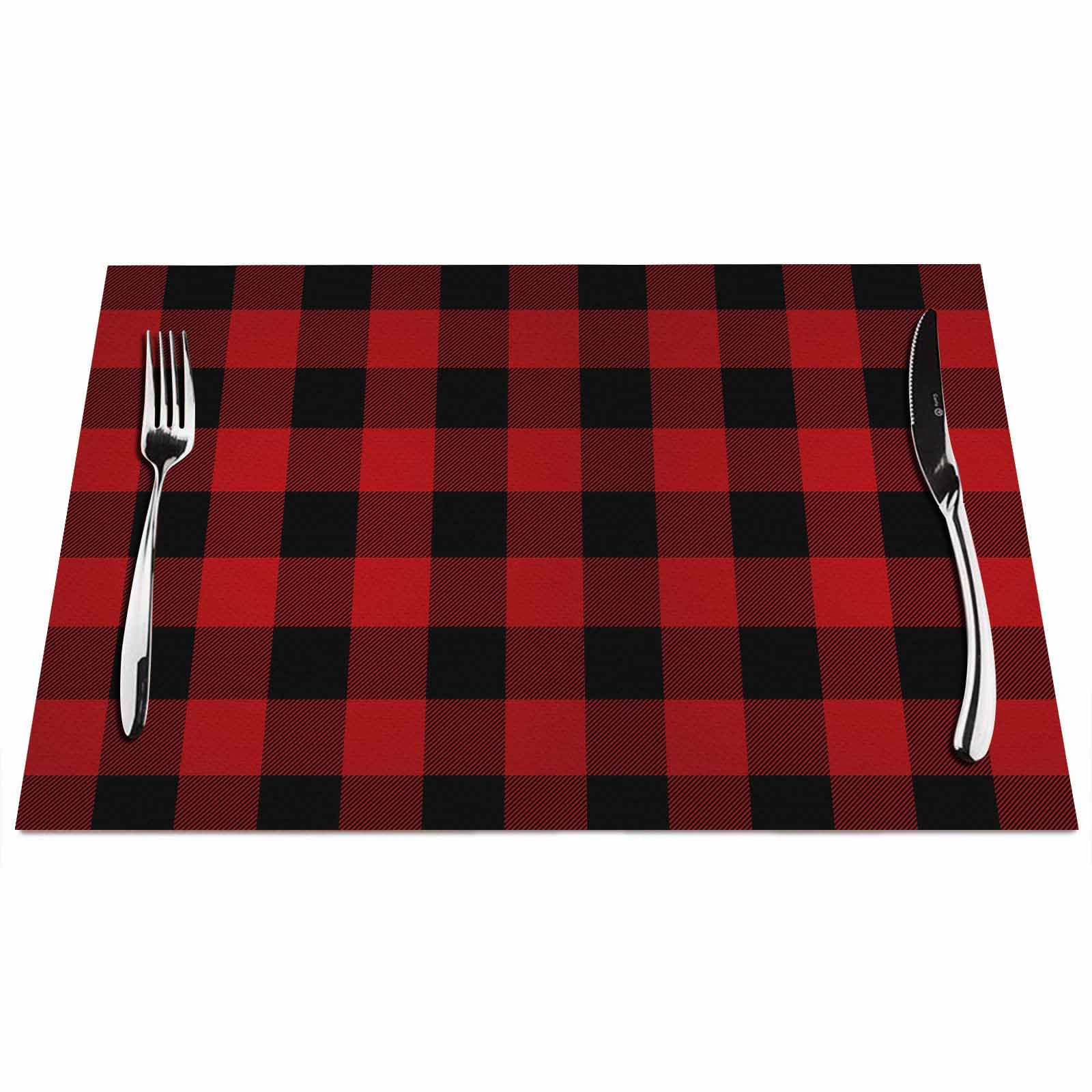 Walmsco Placemats Red and Black Checkered Decor For Dining Room Kitchen Table,Waterproof Non-Slip Washable Heat Resistant Placemats,Set of 4,12"x18"