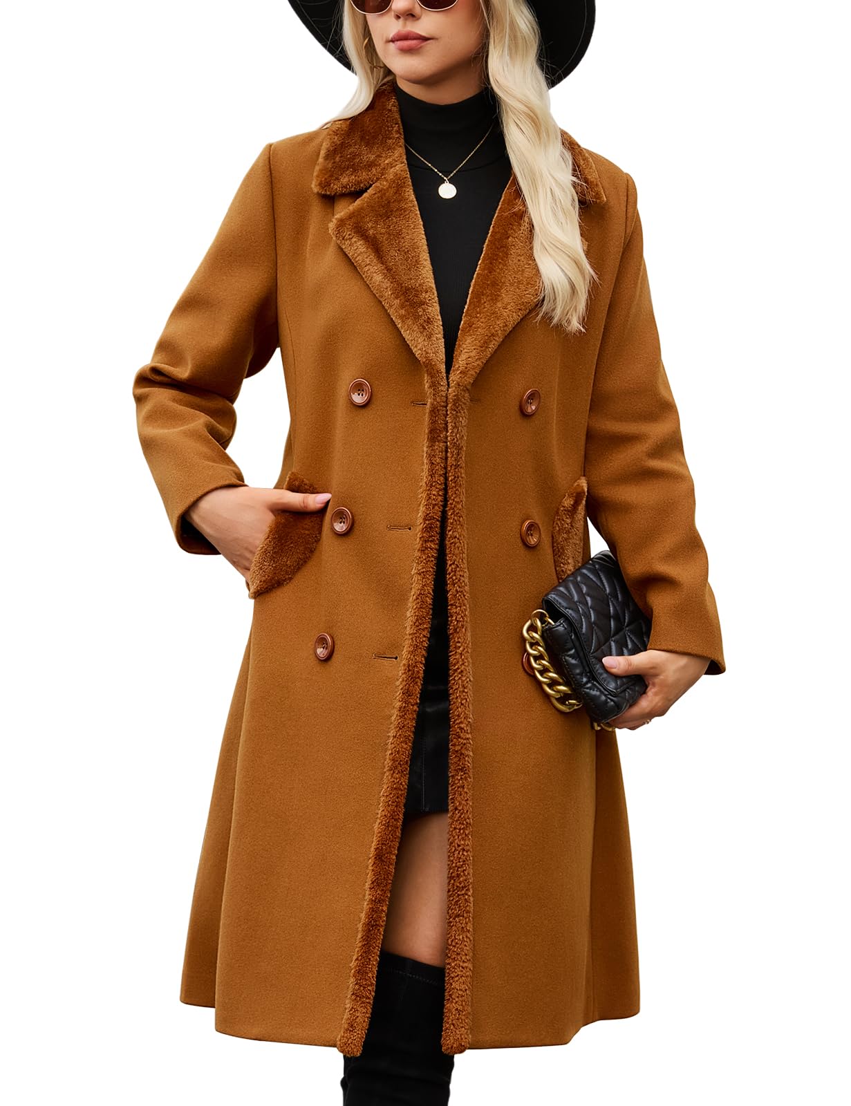Yuson Girl Cappotto Donna Invernale Lungo Classico Doppiopetto Cappotto con Revers Autunno Invernale Caldo Cappotti Elegante Cappottino Trench Coat di Mezza Stagione con Tasche