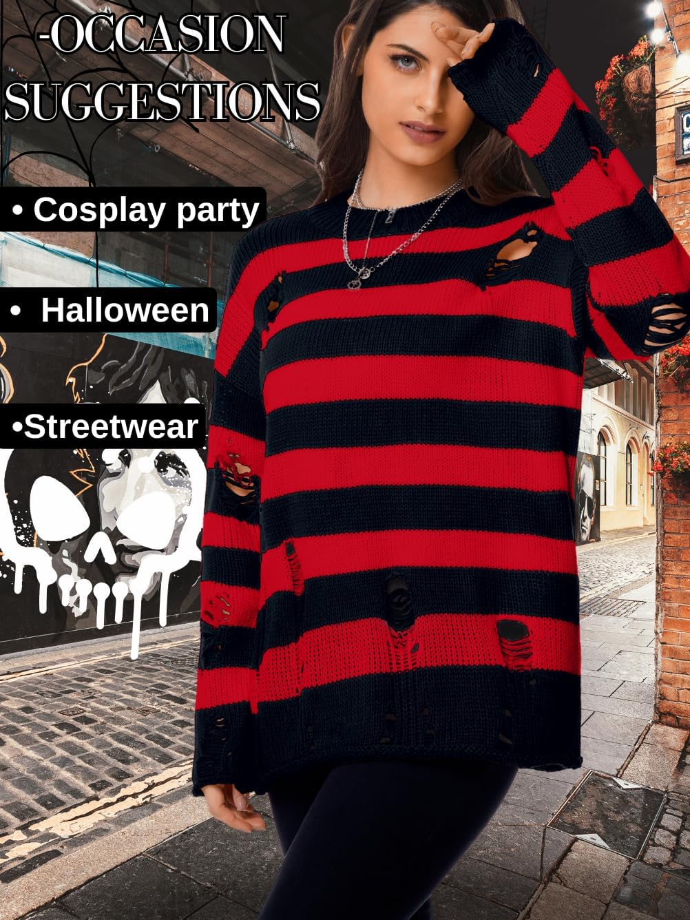 Women's Goth Ripped Sweaters, Oversized Long Sleeve Crewneck Striped Knit Pullover Sweater for Halloween - Image 7