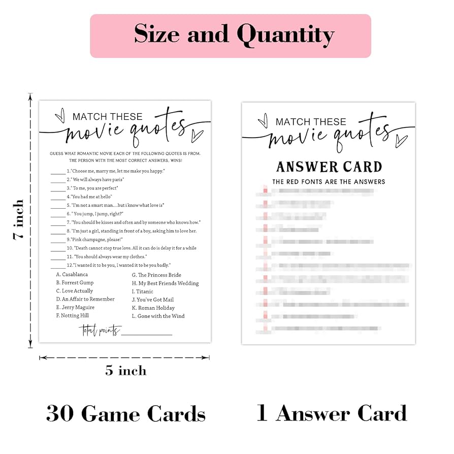 amazon-com-movie-quotes-wedding-bridal-shower-game-bachelorette-party-wedding-shower-favors-30-game-cards-1-answer-card-engagement-party-games-activity-supplies-wedding-games-for-reception-l838-home-kitchen for Free Printable Movie Love Quotes Game Amazon.com: Movie Quotes - Wedding Bridal Shower Game, Bachelorette Party Wedding Shower Favors, 30 Game Cards & 1 Answer Card, Engagement Party Games Activity Supplies, Wedding Games for Reception -L838 : Home & Kitchen for Free Printable Movie Love Quotes Game