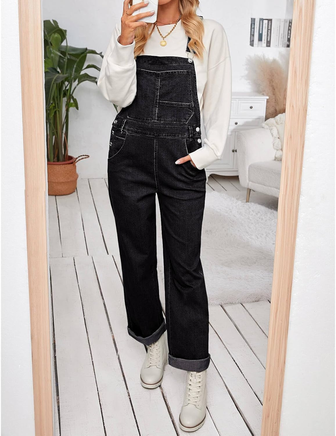 Vetinee Jean Overalls for Women Loose Fit Stretchy Denim Jumpsuit Baggy Bib Casual Straight Leg Pocket Dungaree Overall - Image 4