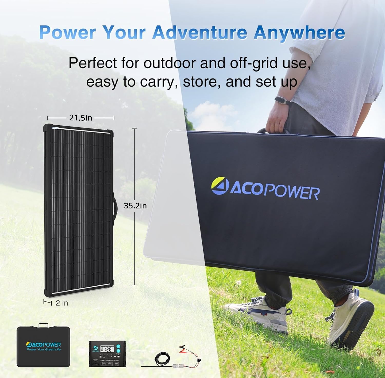 ACOPOWER Mono lekki przenośny zestaw paneli słonecznych 200 W, 2 x 100 W, wodoodporny kontroler ładowania LCD 20 A 12 V/24 V zarówno do akumulatora 12 V, jak i generatora (nowy start), czarny,