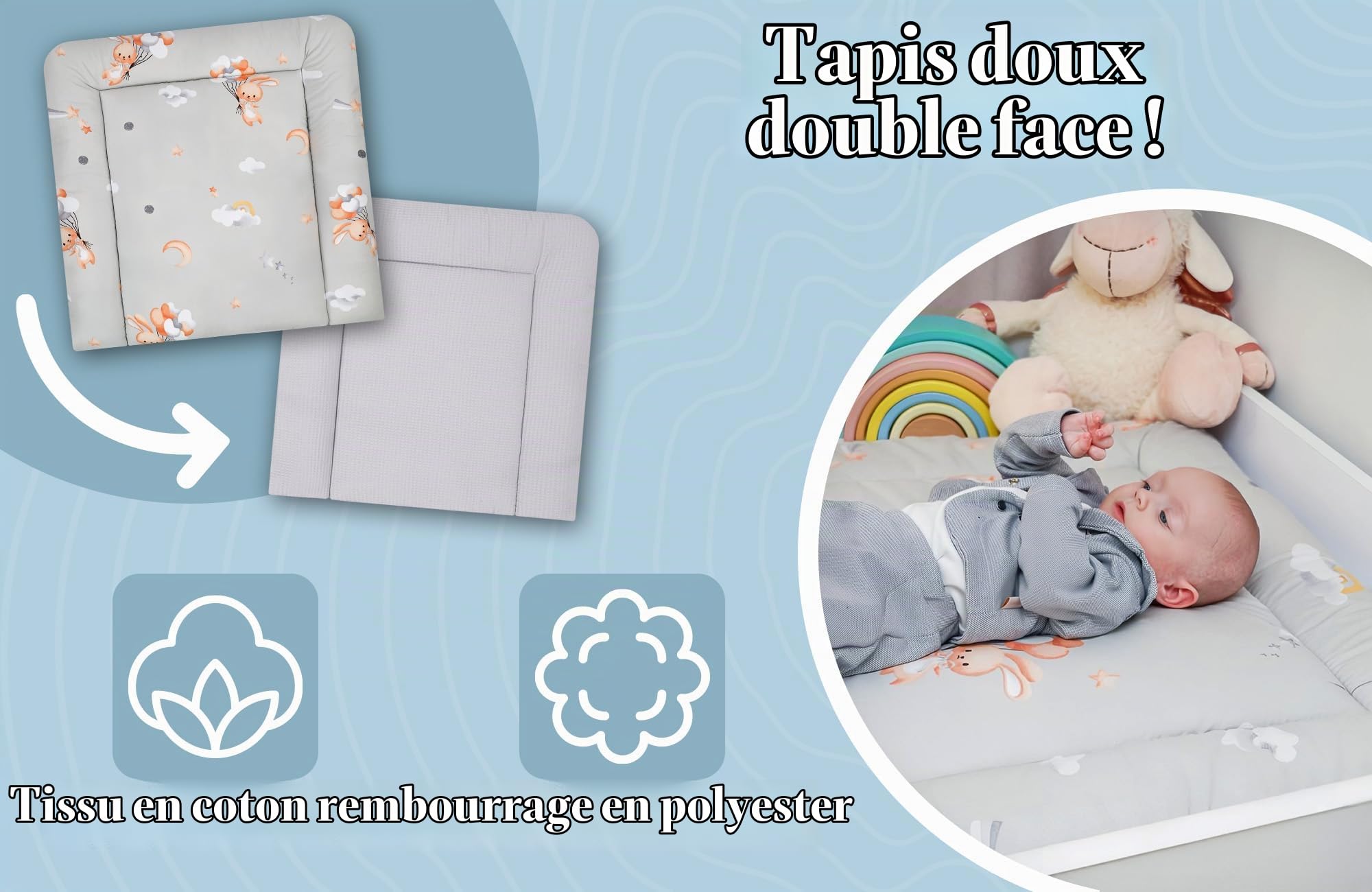 Matelas à langer, en coton, doux et lavable, pour table à langer, commode à langer ou machine à laver, 75 x 72 cm, motif de lapin