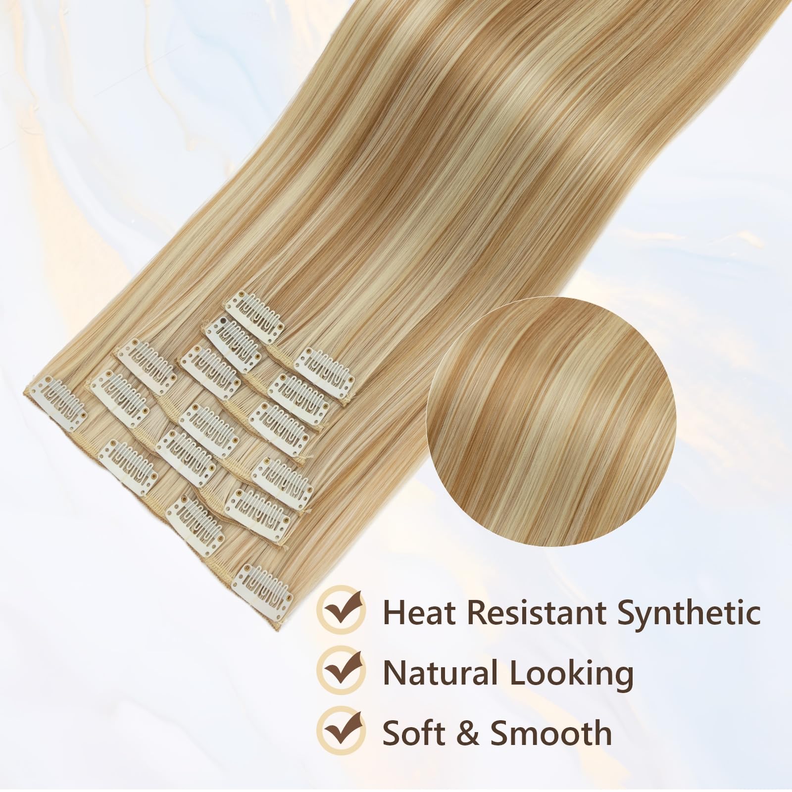 Benehair 24" Clip in Hair Extensions Full Head 6 Pcs 16 Clips Long Straight Hair Extensions Clip in Synthetic Fiber Natural Extension Hairpiece for Women(Golden Blonde mix Light Blonde - Image 3