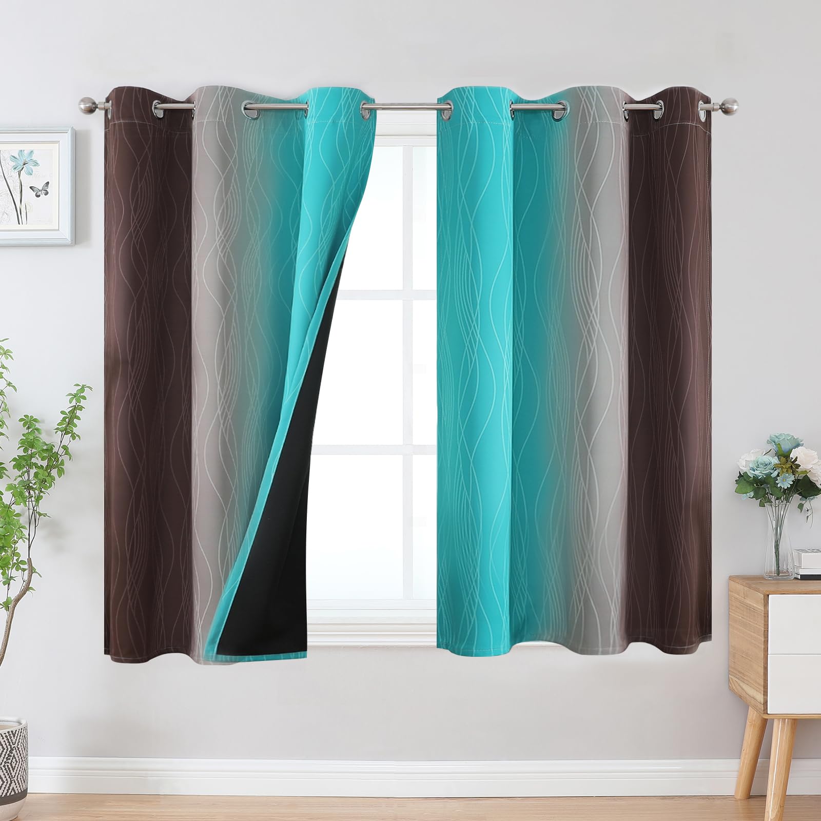 Estelar Textiler Brown and Teal Ombre Blackout Curtains 45 Inch Length 2 Panels, Full Room Darkening Gradient Drapes for Bedroom, Thermal Insulated Grommet Short Curtains for Bathroom, 42Wx45L
