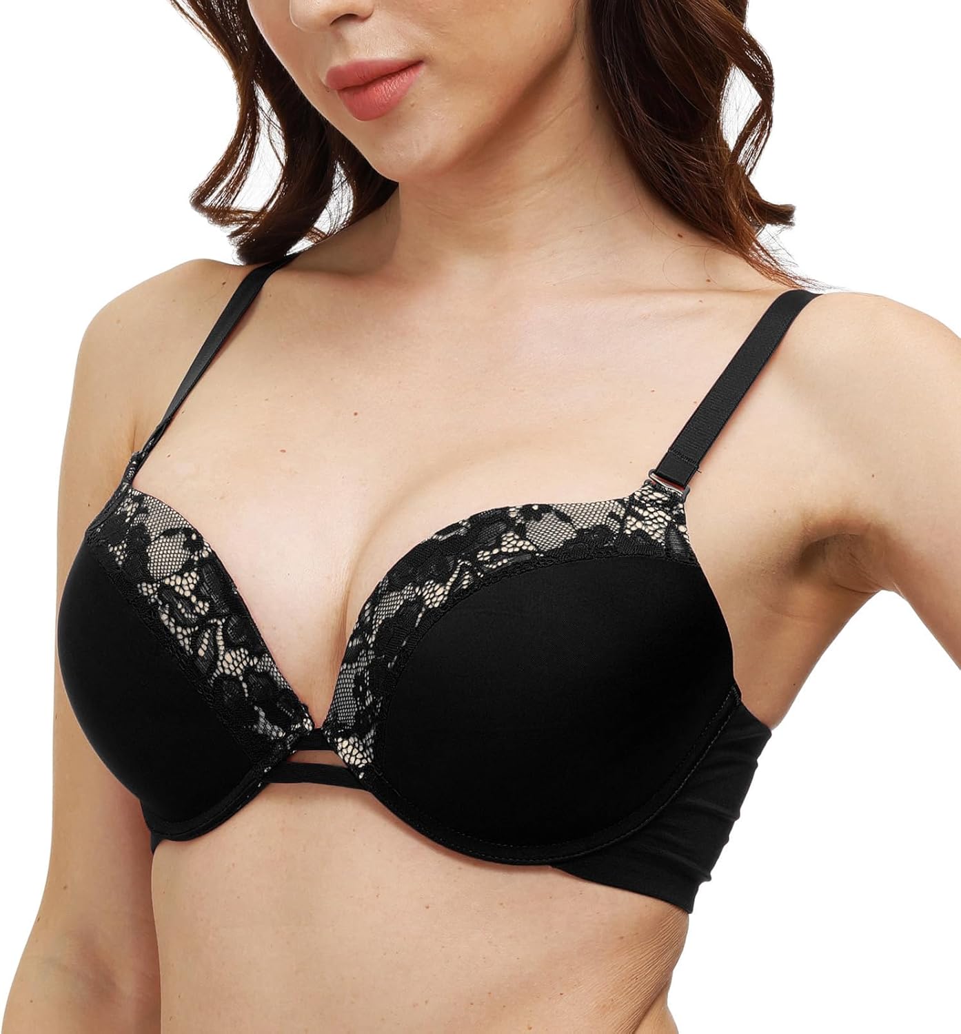 Push Up Thick Padded Plunge Underwire T Shirt Lace Bra Lift Support for Women Add One Cup - Image 3