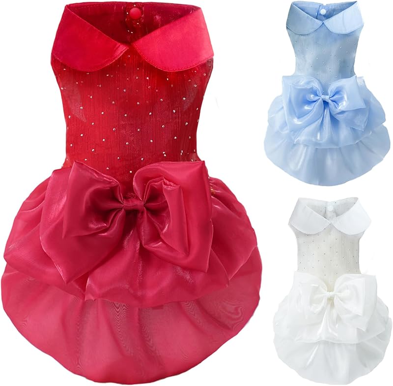 MAMORE Dog Dresses Princess Skirt Tutu Gowns Wedding Outfits Pet Clothes for Small Medium Large Dogs Girl Puppy with Bow Tie Cute Valentine Birthday Party (Red, X-Large)