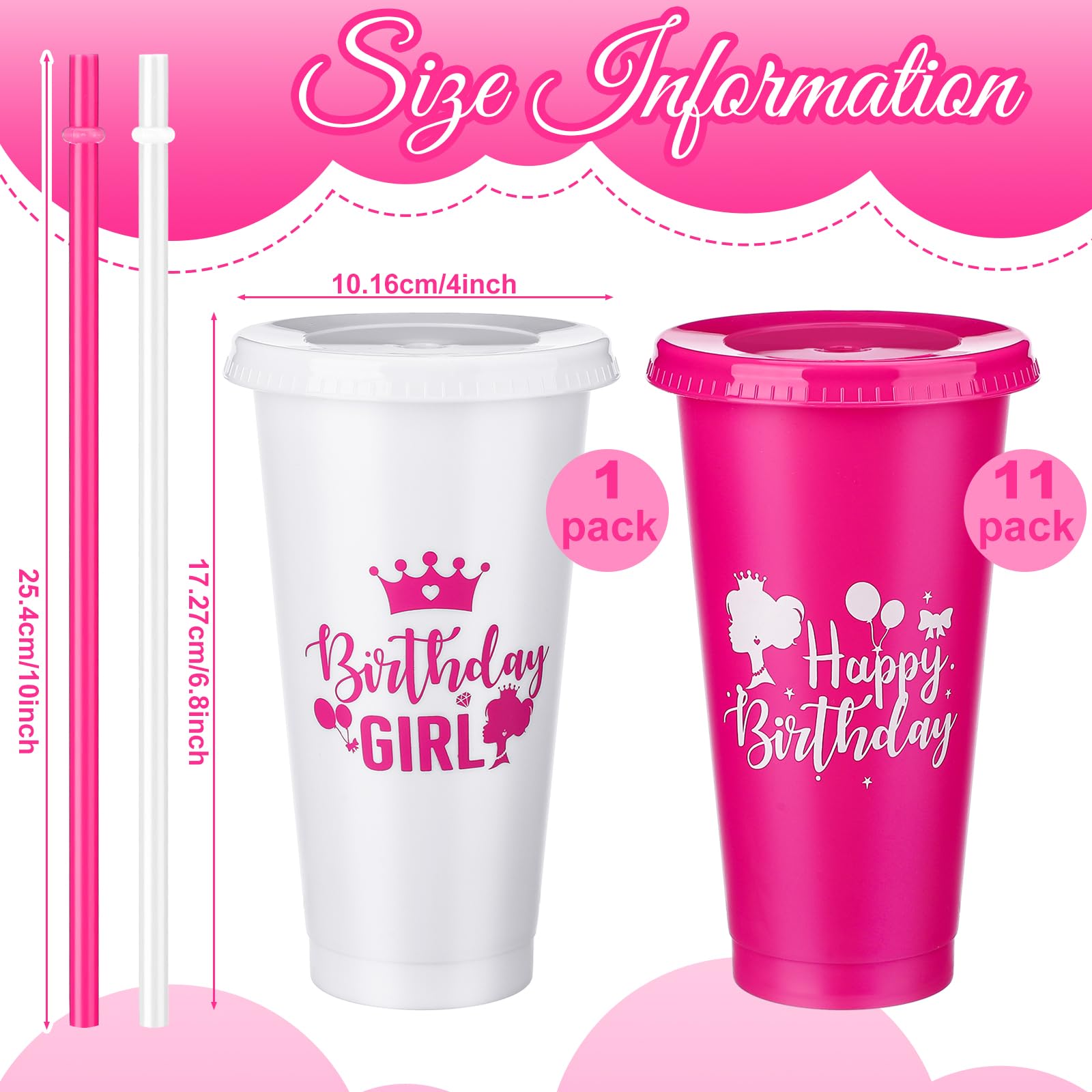 Pickmesh 12 Pcs Pink Birthday Party Tumblers - 24 Oz Plastic Cups With Lids & Straws
