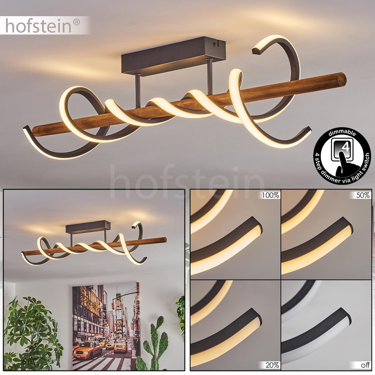 HOFSTEIN LED Deckenleuchte Alvarim, dimmbare Deckenlampe aus Metall/Holz/Kunststoff in Schwarz/Natur/Weiß, moderne Leuchte mit Holzstab, dimmbar über Lichtschalter, 38 Watt, 5200 Lumen, 3000 Kelvin