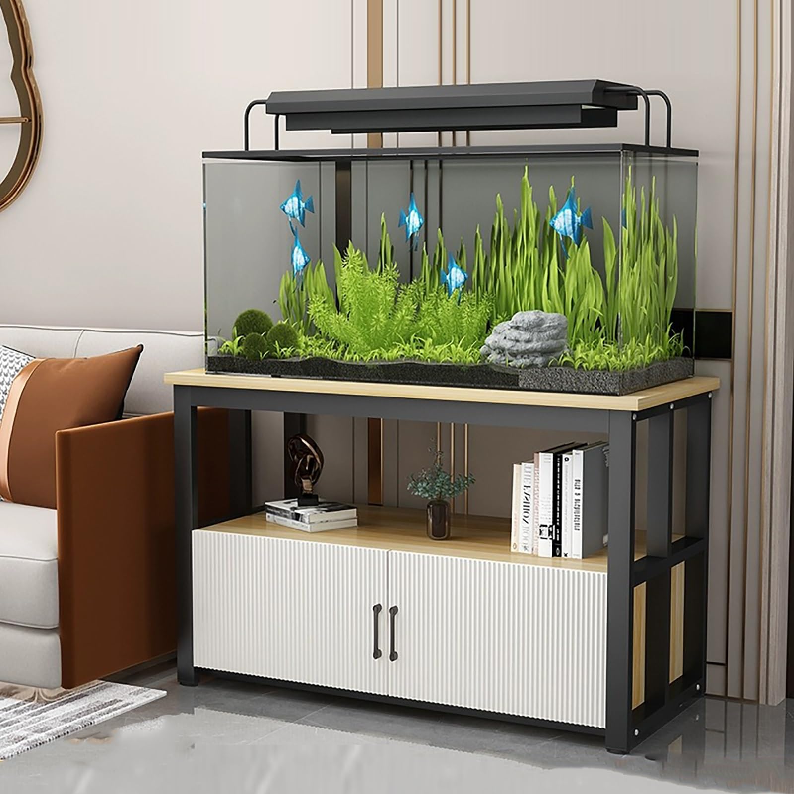 Supporto per acquario con armadietto e organizer per attrezzi, struttura in metallo resistente a 3 livelli