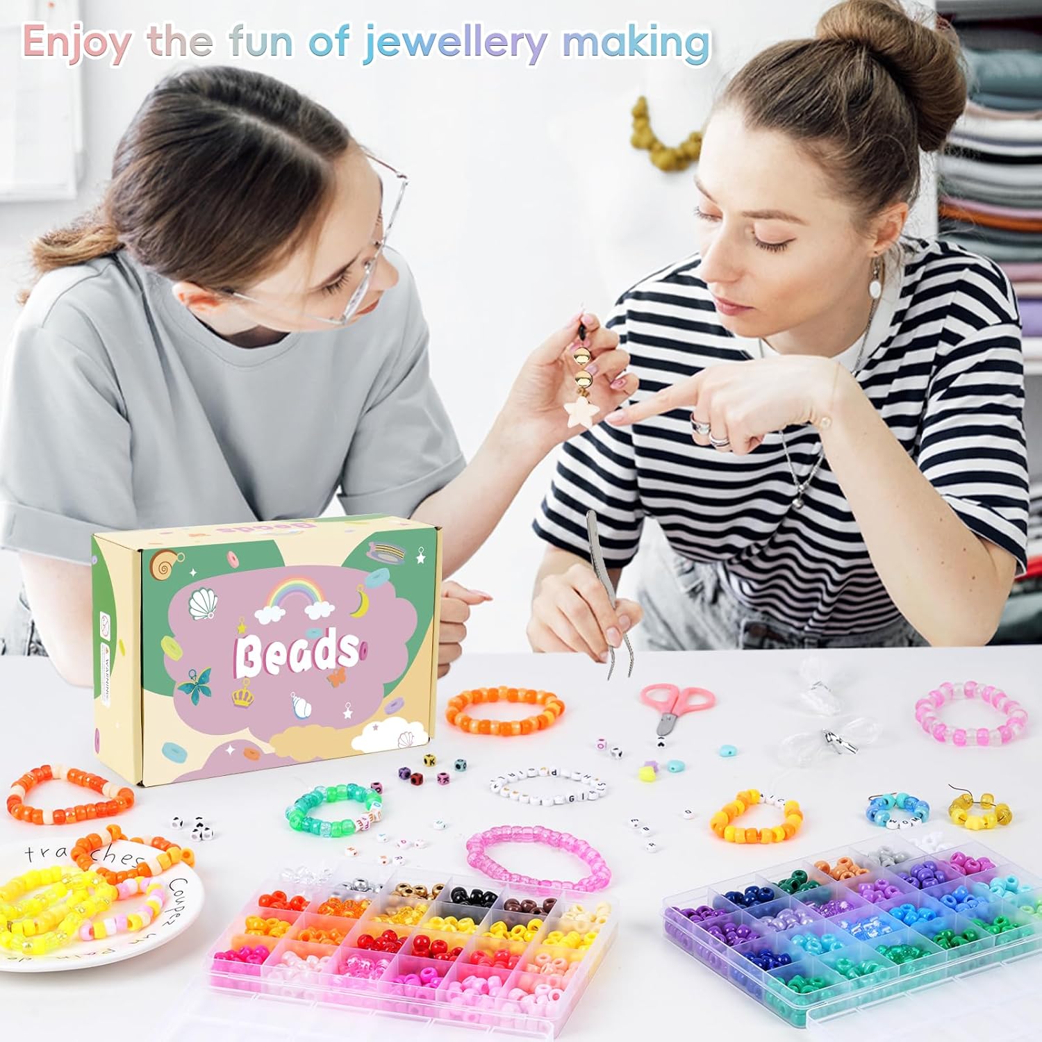 QUEFE 1900pcs,48 Colors, Pony Beads Bracelet Making Kit, Rainbow Kandi Beads Friendship Bracelet Kit, Letter Beads For Jewelry Making with Elastic Strings for Bracelet Necklace Making, Craft Gifts Set - Image 7