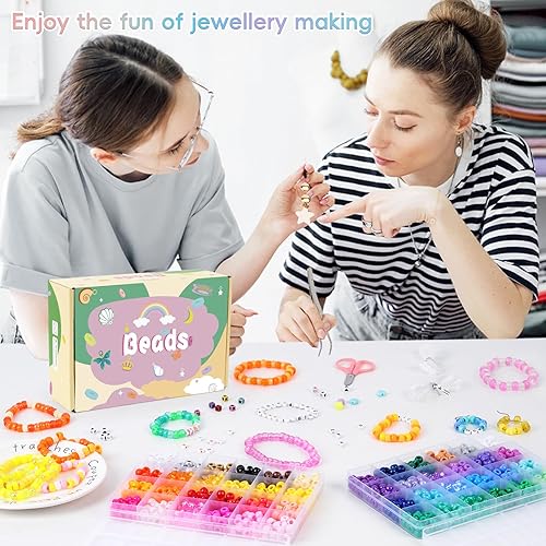 Miniatura 7 de QUEFE Juego de pulseras de cuentas de poni, 1900 unidades, 48 colores, kit de pulsera de amistad con cuentas Kandi de arco iris, cuentas de letras
