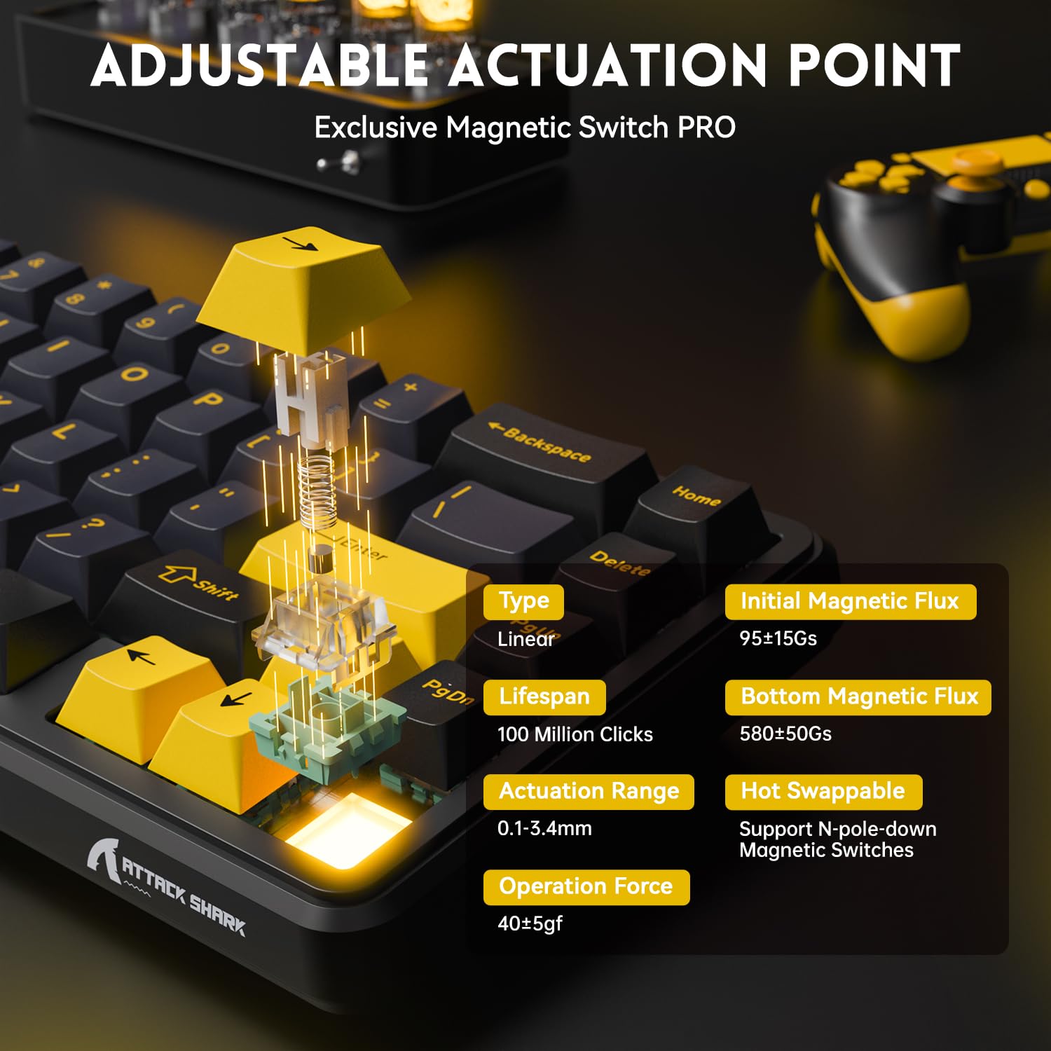 MAMBASNAKE Attack Shark X65 HE Clavier à Déclenchement Rapide, Précision RT de 0,01mm, 8KHz, Clavier Filaire à Effet Hall à 60% avec Câble 8 KHz, Actionnement Réglable, Snap Tap, pour PC, Noir étoilé