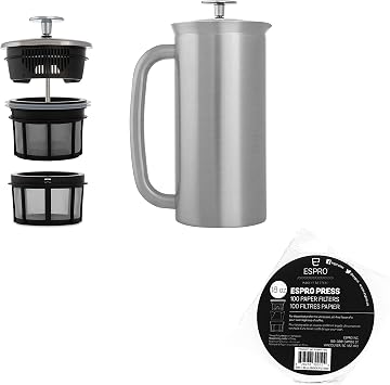 ESPRO - P7 French Press - Double Walled Stainless Steel Insulated Coffee and Tea Maker with Micro-Filter - Keep Drinks Hotter for Longer Brushed Stainless Steel, 18 Oz + ESPRO Coffee Paper Filters 100 Count