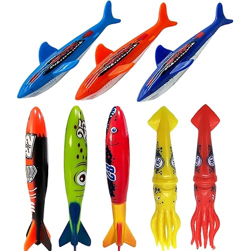 Pool Diving Toy Set for Kids, Practice Diving and Swimming, Underwater Sinking Torpedos, Sharks and Squids