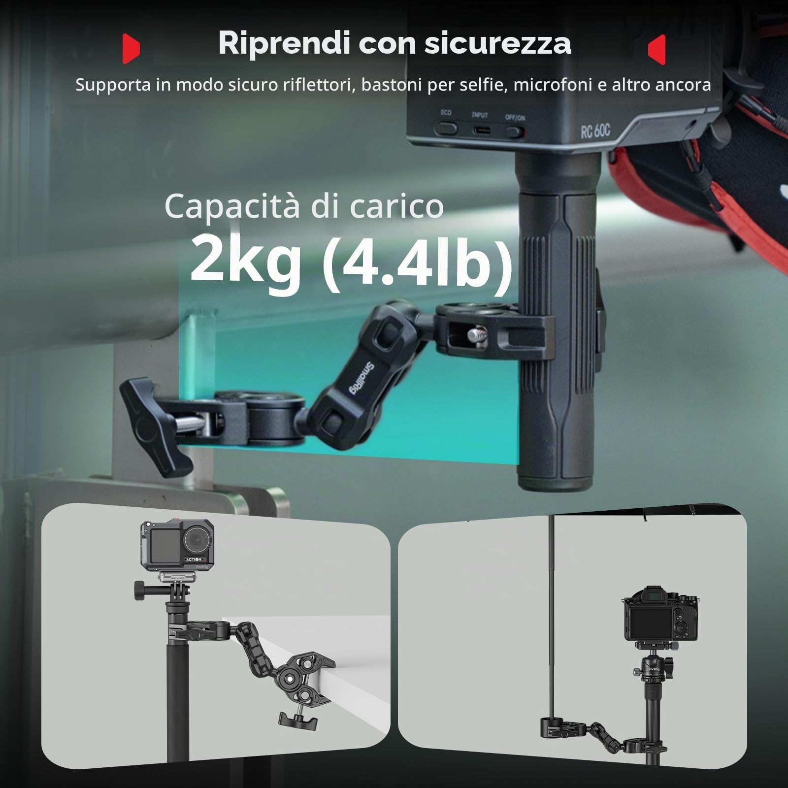 SMALLRIG Supporto Super Clamp Doppio con Braccio Magico, Morsetto a Testa Sferica a 360° per Ombrello, Sedia, Monitor, Scrivania, Studio Fotografico, Supporto a Morsetto per Treppiede -5453