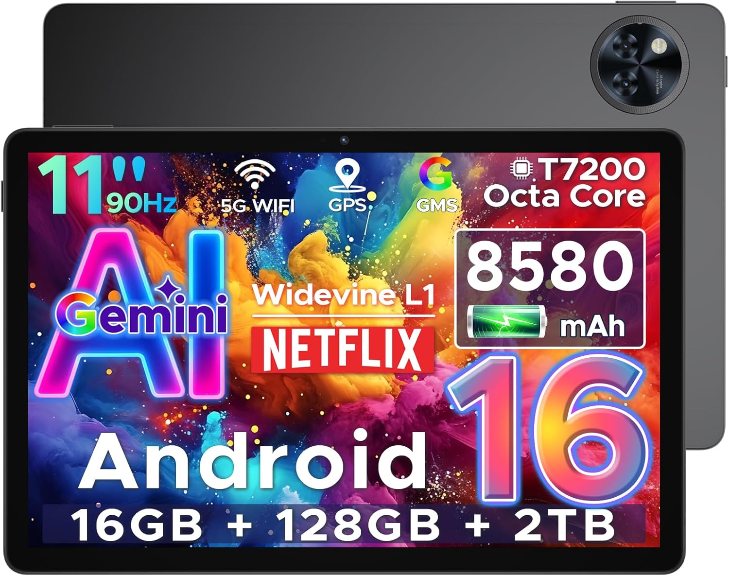 DOOGEE U11 Android 16 Tablet 11 Pulgadas, 8580mAh 16GB+128GB/2TB TF, Octa Core Tablets para Niños Gemini AI, HD 90Hz Cámara 13MP+5MP, Widevine L1/Altavoces Duales/Face ID/GMS/GPS/OTG/FM Tabl