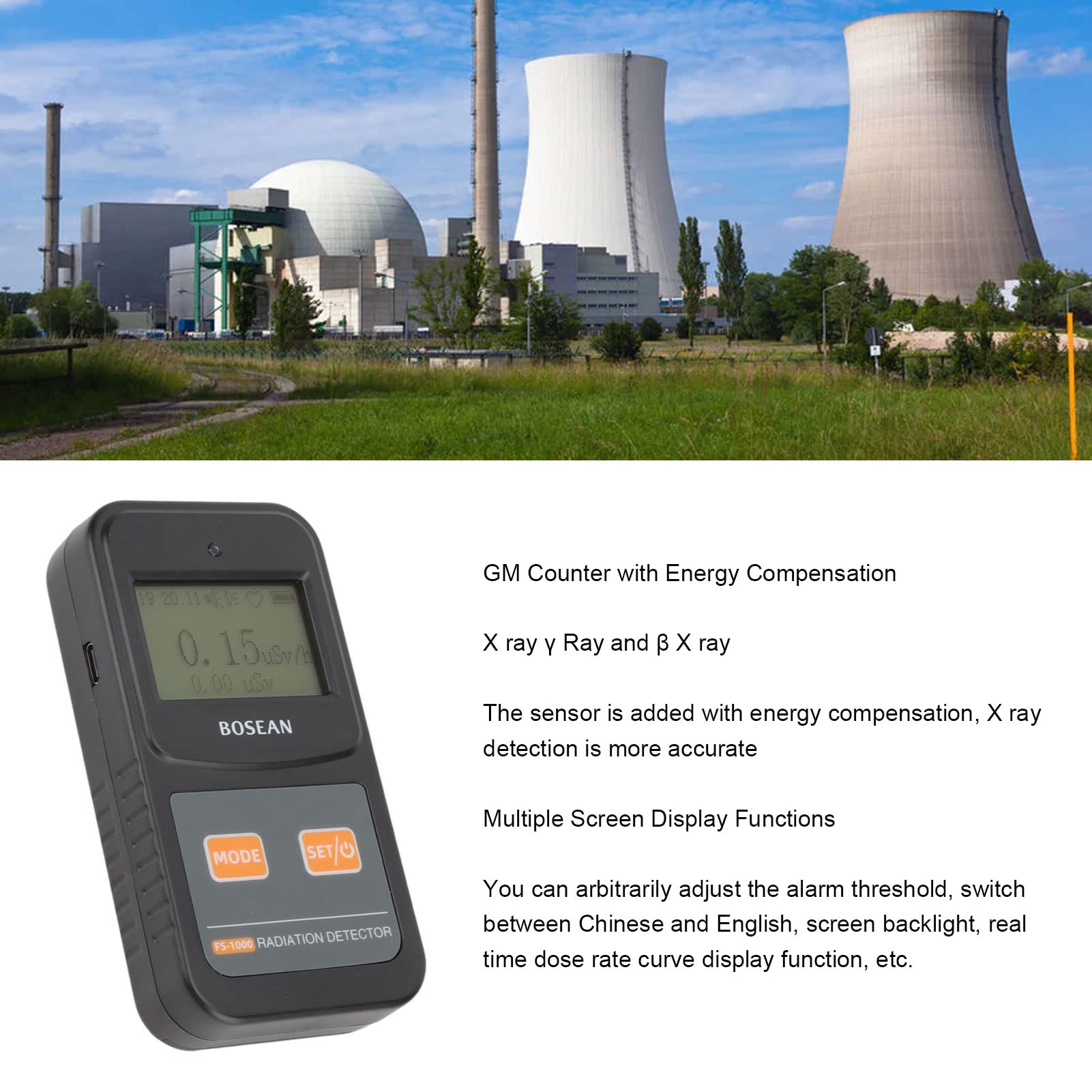 Cocoarm Detector de Radiación FS 1000, Contador Geiger ABS, Detector de Radiación Nuclear de 0,1 USv H a 10 MSv H, Contador GM con Compensación de Energía, Doble Potencia, para Uso en Plantas de