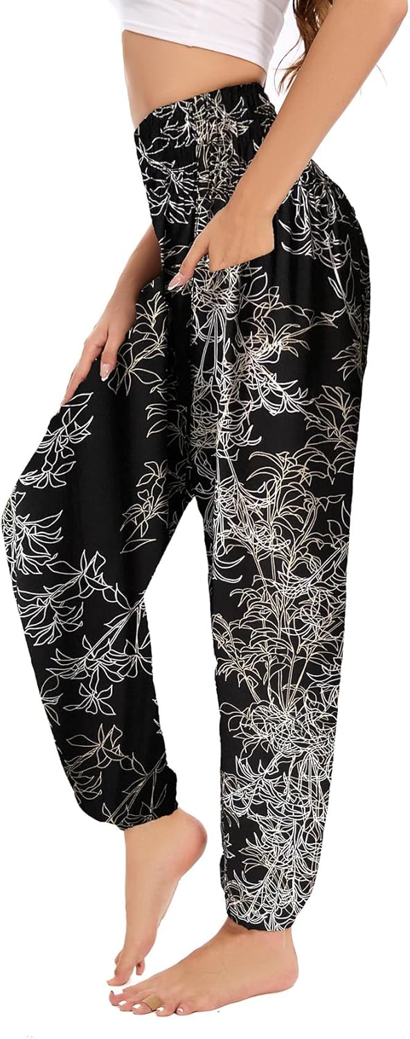Women's Boho Harem Pants with Pockets, Smocked High Waist Hippie Flowy Trousers, Comfy Bohemian Clothes for Yoga - Image 4