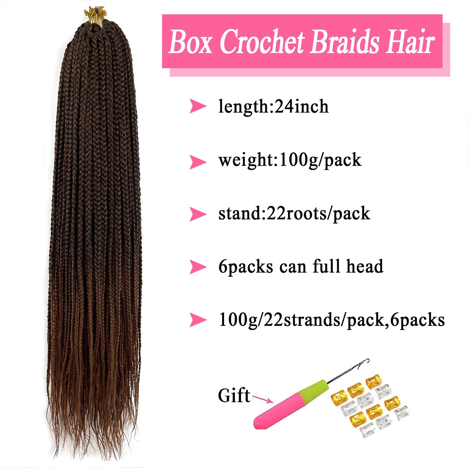 TAOYEMY Box Braids Crochet Hair Extensions 24 Inch 6 Packs, 22 Strands/Pack, Synthetic Braiding Hair for Women & Girls (T30#, 24 inch) - Image 2