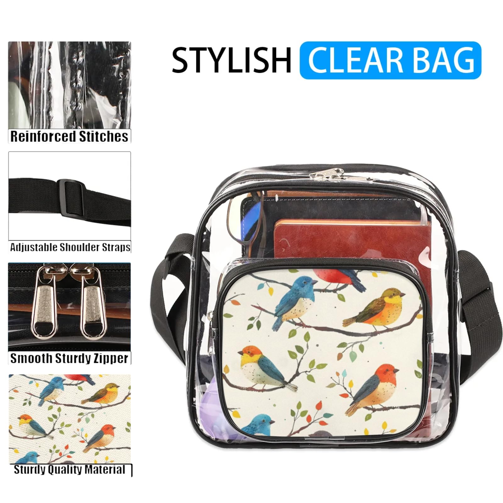 Clear Crossbody Bag Stadium Approved Bird Transparent Bag for Festivals, Sports Events, Concerts,Beach Bag for Women Men Clear Purse with Front Pocket Messenger Bag with Adjustable Strap