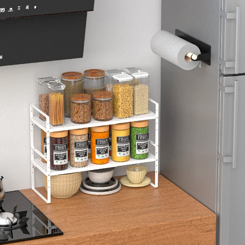Scaffale espandibile per armadietti, impilabile, per dispensa, sotto il lavandino, per cucina, bagno, ufficio, 2 pezzi, bianco