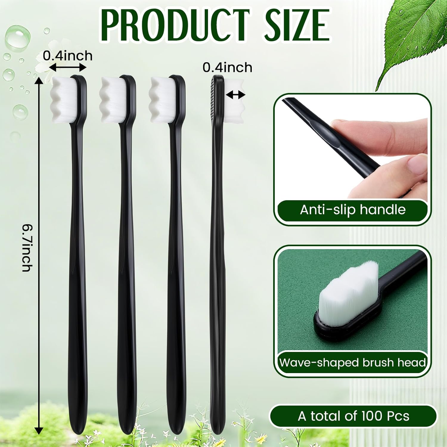 FoldTier 100 Pcs Nano Toothbrush 6.7" Micro Fur Extra Soft Bristle Wavy Head for Adults, Gentle for Sensitive & Recession, Oral Care(Black & White)