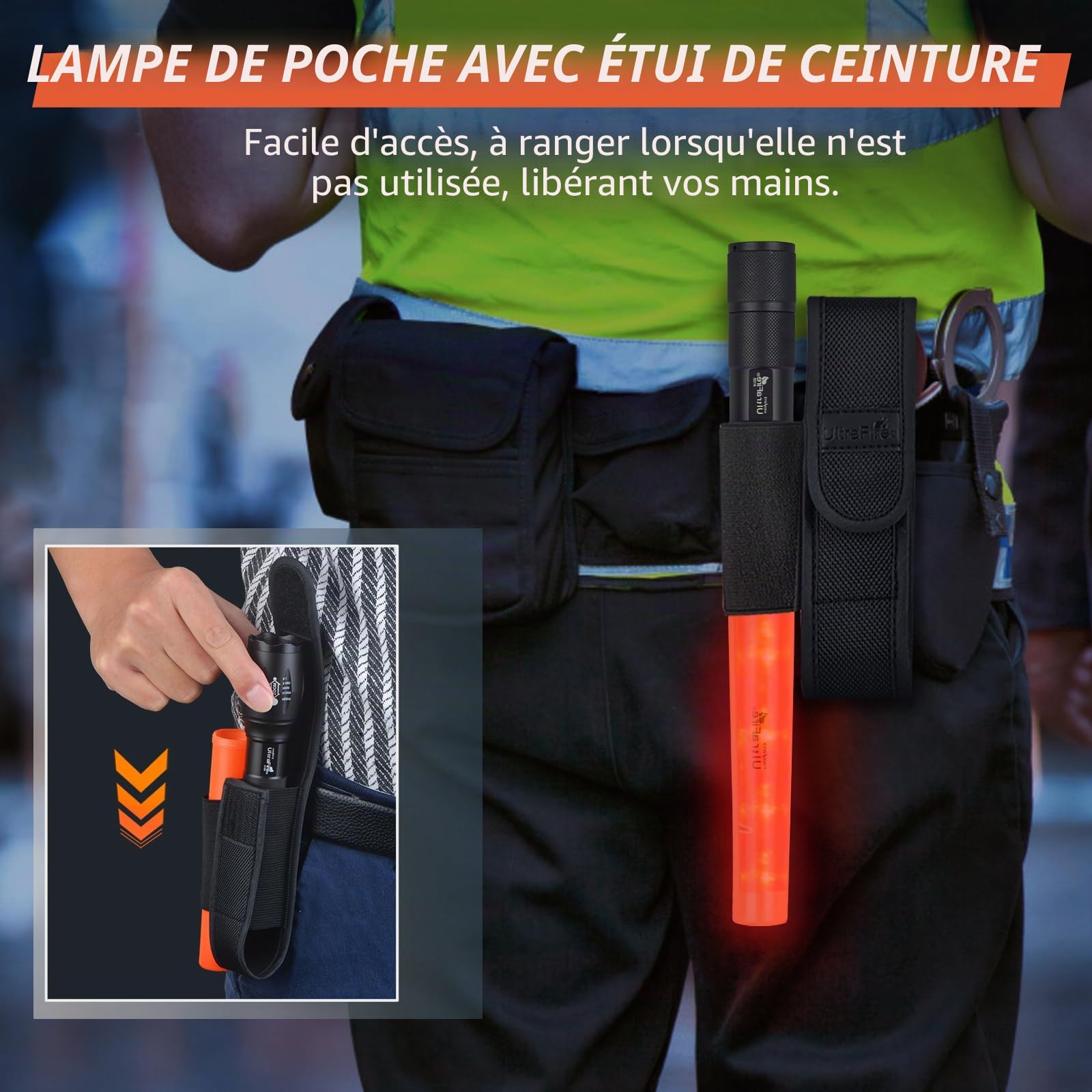 UltraFire A100 Lampe de poche LED avec étui, 1000 lumens, 5 modes avec mode clignotant rouge pour le contrôle de la circulation, le stationnement, l'aéroport