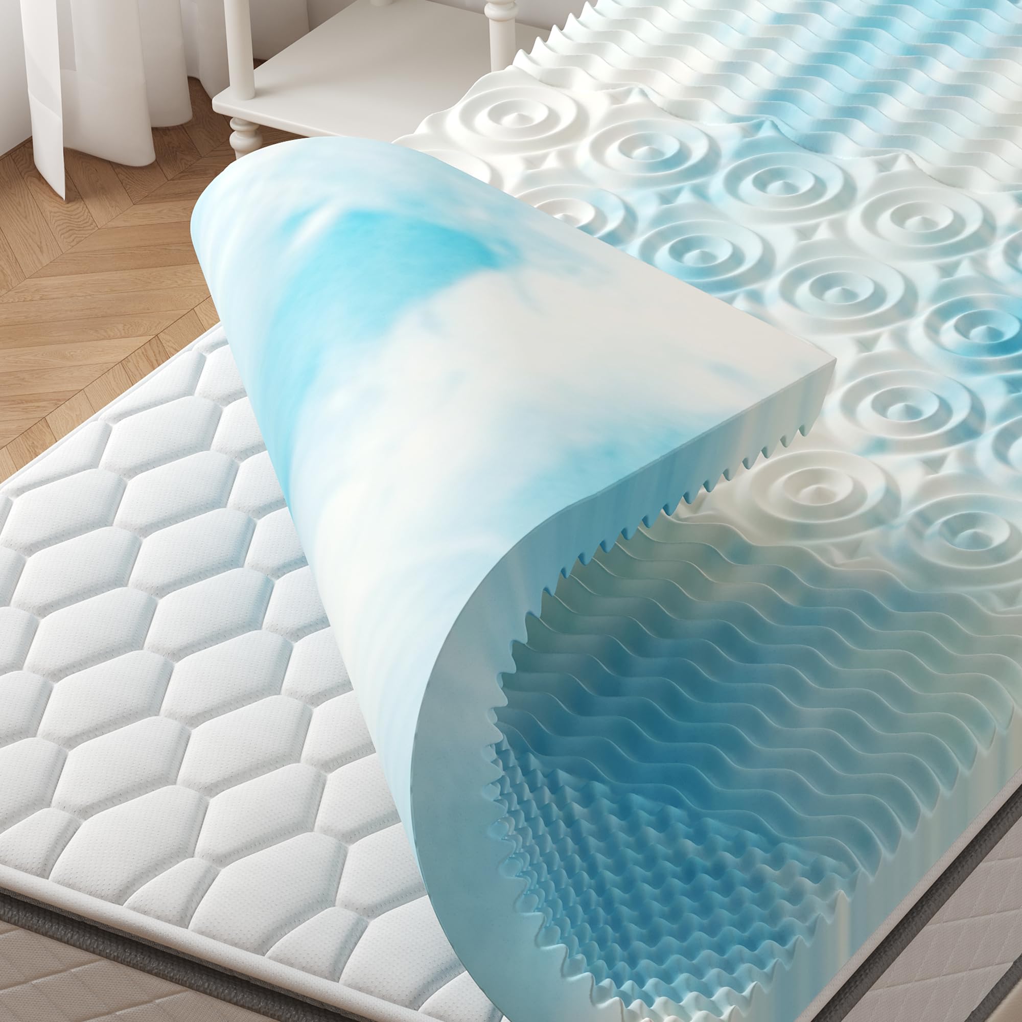 NEWBULIG Twin Size 2 Inch Memory Foam Mattress Topper, 5-Zone Cooling Gel Infused Egg Crate Foam Pad, Breathable Bed Topperfor Pressure Relief & Body Support, CertiPUR-US Certified, Blue-picture-22