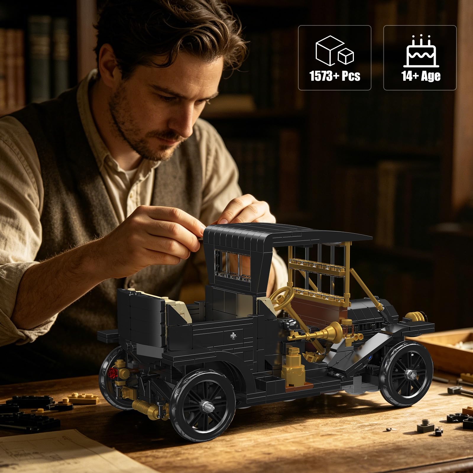 Mould King 10261 versión estática modelo de bloques de construcción de coche antiguo, 1290 piezas 9 en 1 bloques de sujeción para coche como juguete y regalo (14 años y mayores)