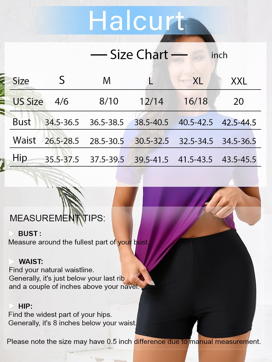 Halcurt Set da donna a maniche corte in due pezzi con maglietta da nuoto UPF 50 con pantaloncini da surf