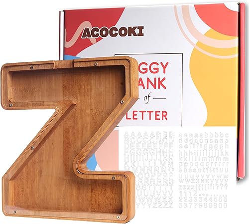 Miniatura 1 de Alcancía de madera, banco de dinero personalizado de gran capacidad de 9.1 pulgadas, 26 letras del alfabeto inglés, de la A a la Z, regalos de