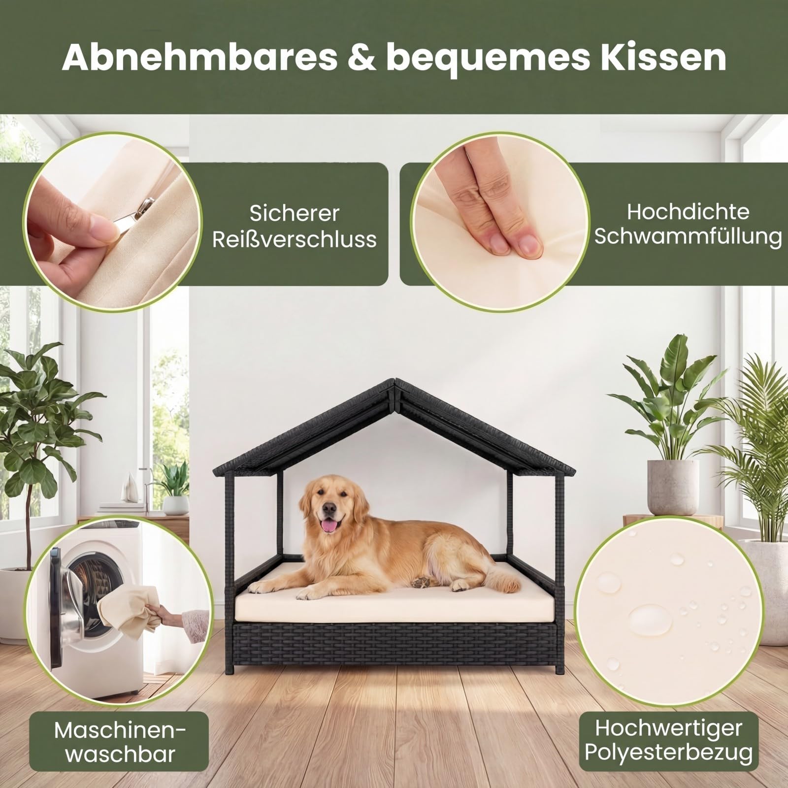 GYMAX Hundebett Outdoor, erhöhtes Hundeliege aus Rattan mit Kissen & Schrägdach, Haustierbett wetterfest für kleine & mittelgroße Hunde, 98 x 68 x 74 cm (Beige)