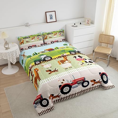 Miniatura 3 de Juego de ropa de cama de tractor para niños de tamaño individual para niños pequeños, lindo juego de edredón de animales de granja de dibujos