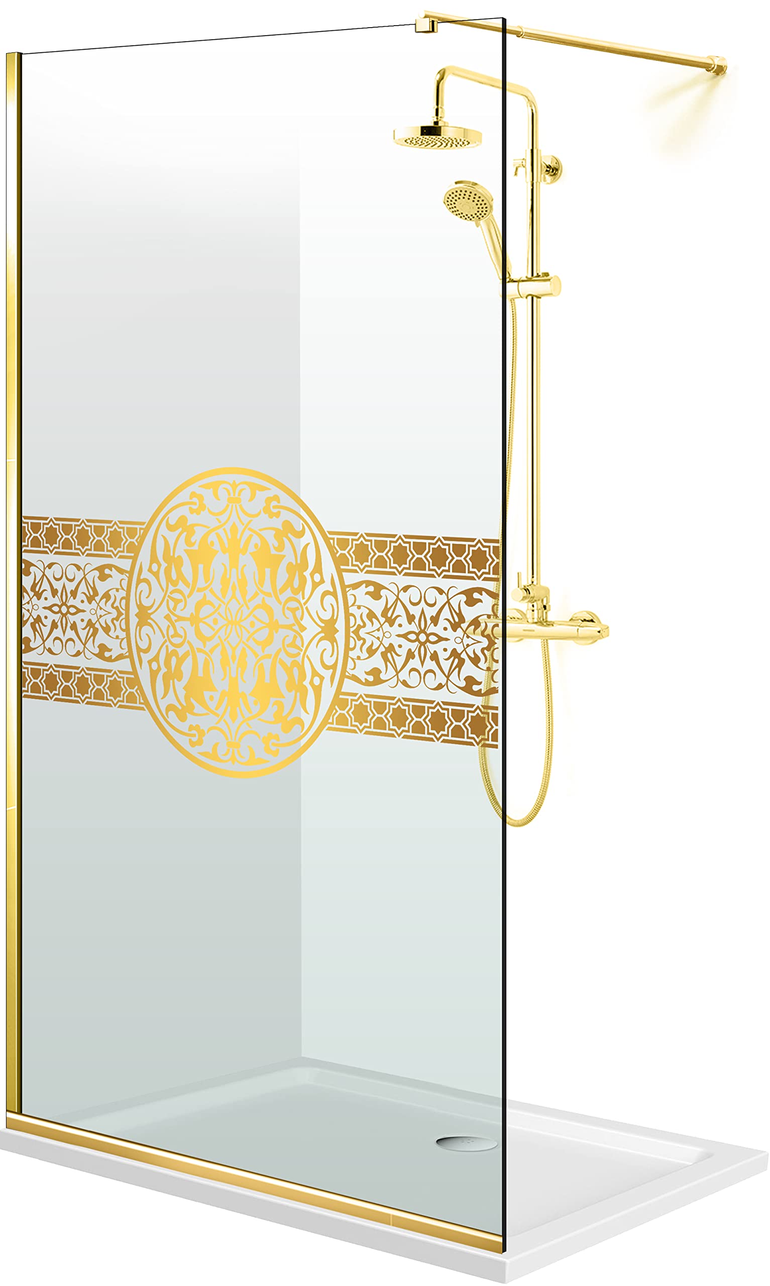 Aqua Roy Gold, modelo Doha MEDALION Golden, tamaño 90 cm desde 70/80/90/100/110/120, mampara de ducha, cristal transparente de 8 mm, con patrón de chorro de arena nano recubierto (90 x 195 cm)