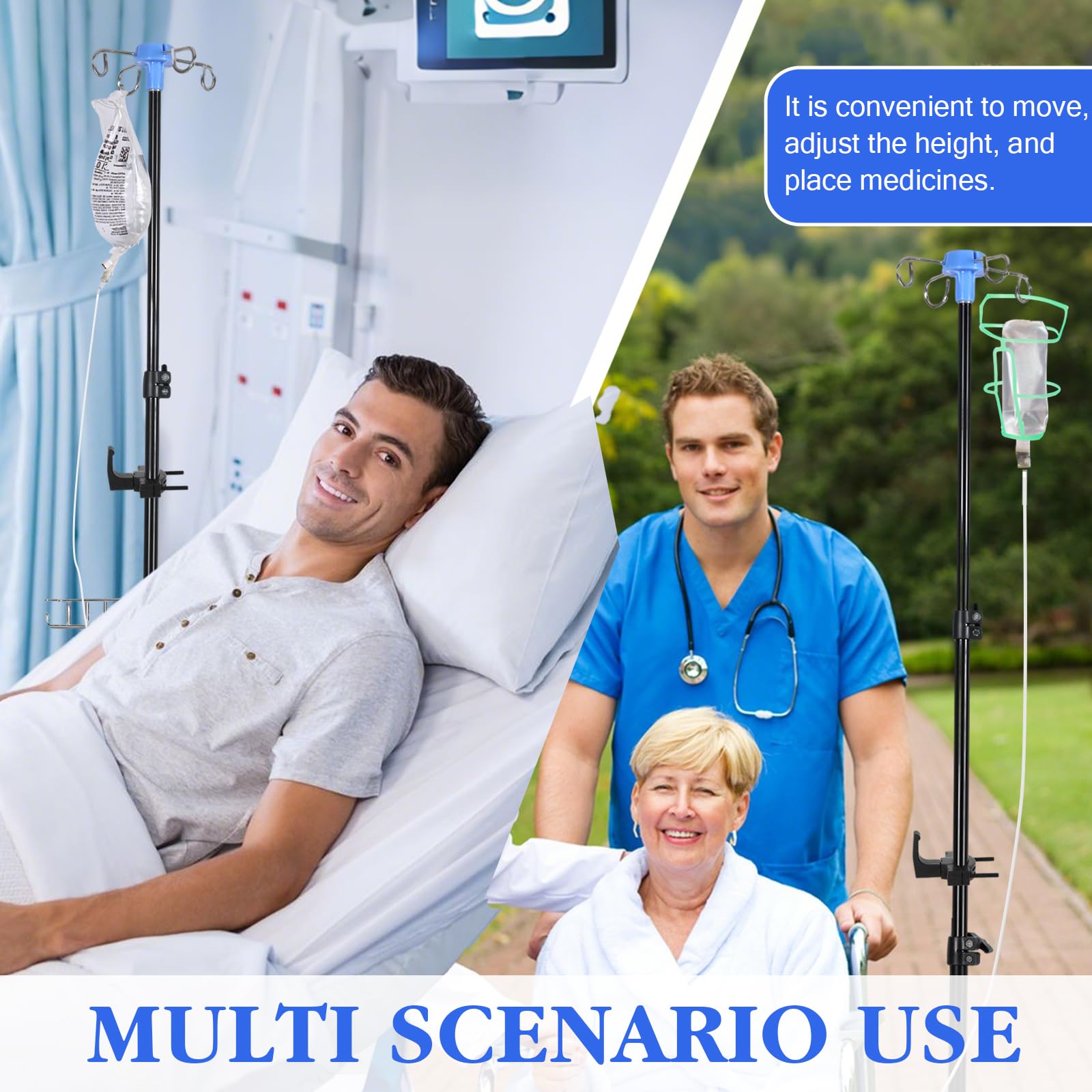 Porta Sueros Ruedas con Gancho de Peso,Soporte Portasueros Soporte Bolsa de Goteo con 4 Ganchos para Bolsa Médica de Infusión y 3 Bolsas de Red