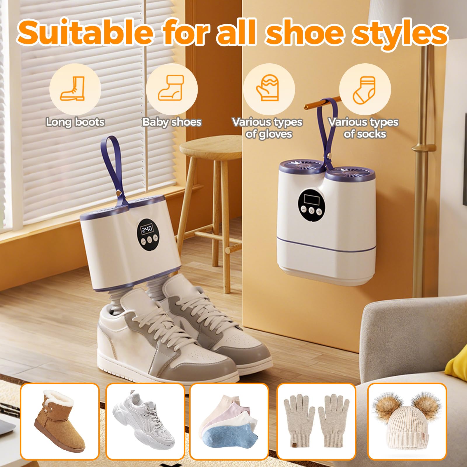 Sèche-chaussures électrique avec minuterie et tuyaux extensibles pour sécher les chaussures, gants, chaussettes et bottes de travail, élimine efficacement les odeurs
