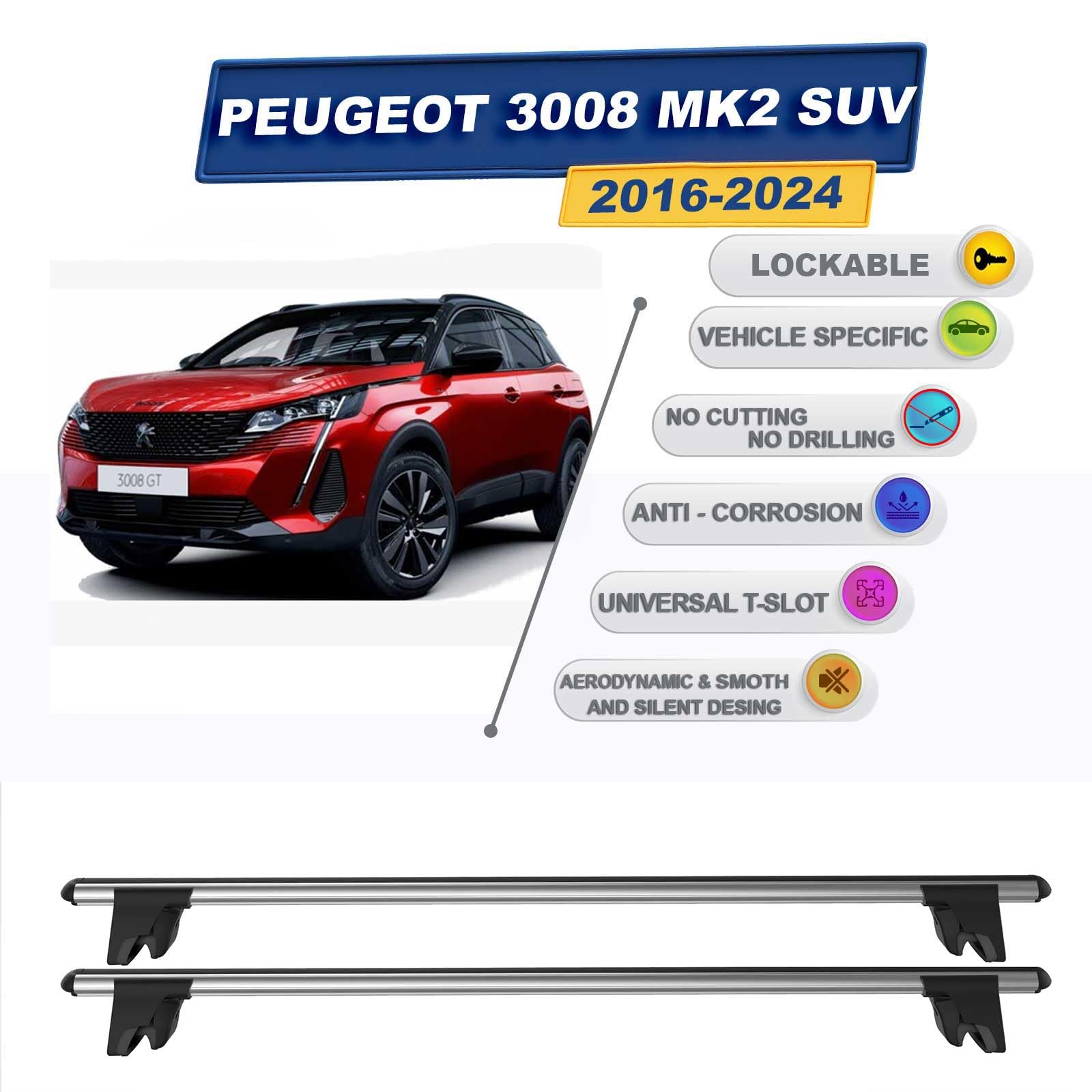 Barras De Techo Para Peugeot 3008 II (2021-2023) - Modelo ACE-4, Aluminio Negro, 2 Barras | Portaequipajes Sin Riel, Hasta 75 Kg