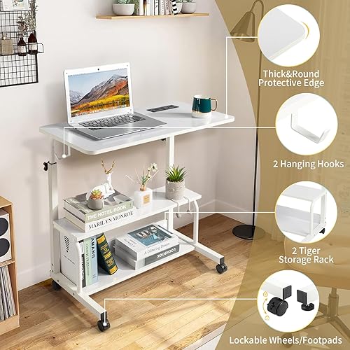 Miniatura 15 de Karl home Mesa móvil pequeña de 23.6 pulgadas, escritorio para computadora con ruedas, altura ajustable, carrito de computadora portátil, mesa Negro