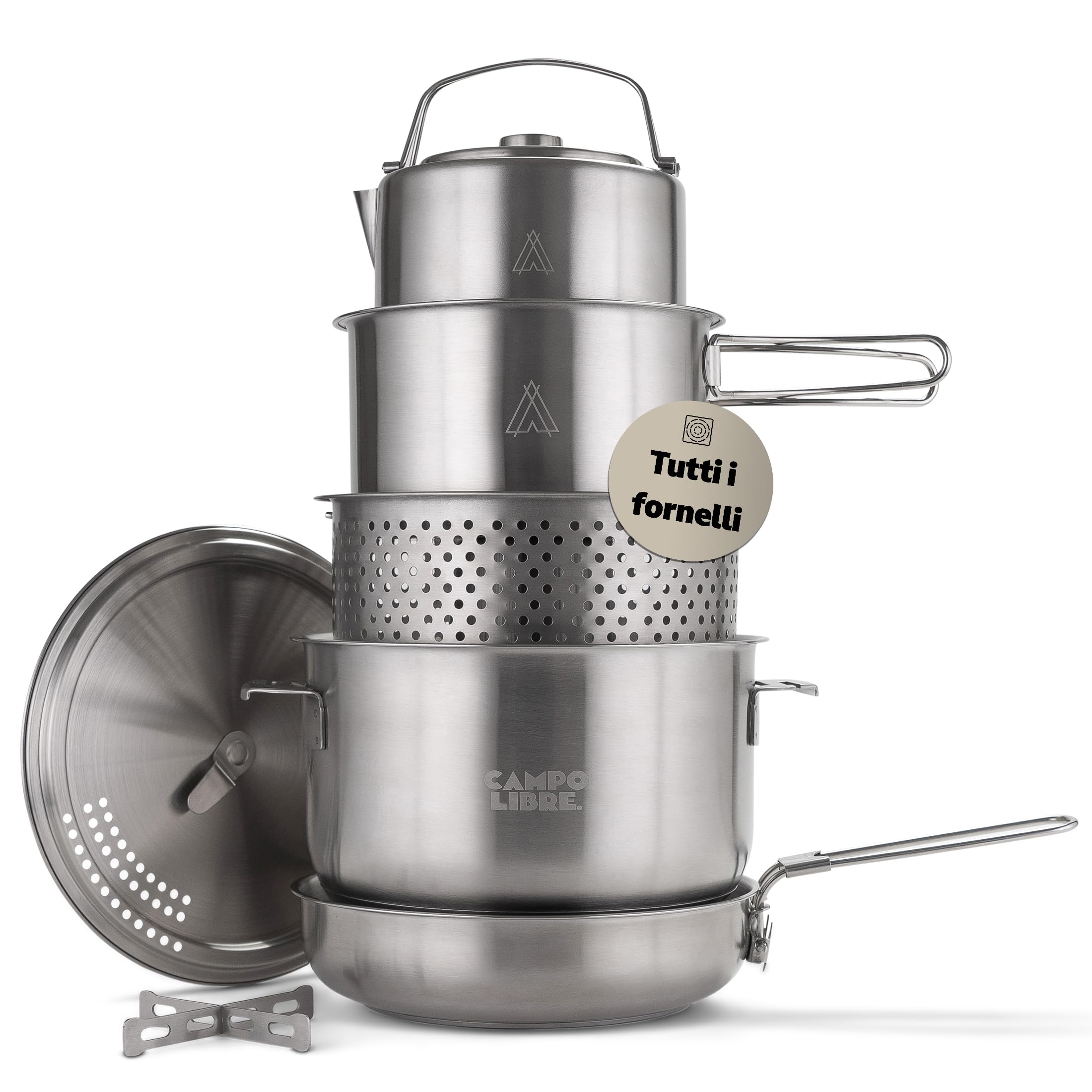 Campo Libre.® ENZO Set Pentole da Campeggio – Pentole e Padella in Acciaio Inox Resistente con Tecnologia ProCore, Compatibile con Fornello Elettrico, Induzione, Gas, Compatto e Impilabile.