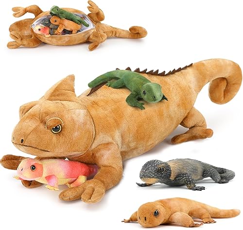 Vista 53 de Juego de 7 juguetes de peluche de dragón verde gigante de 21.7 pulgadas, animal de peluche con 4 bebés y 2 huevos, dinosaurios de peluche para niños