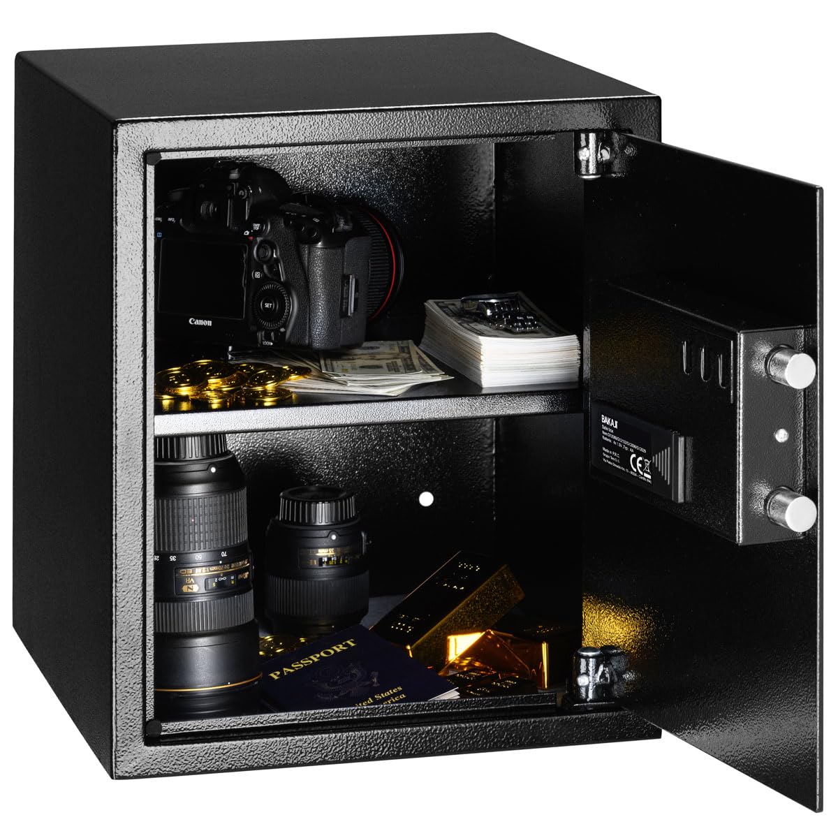 BAKAJI Cassaforte Elettronica di Sicurezza con Box Batteria Esterno, Cassetta Porta Valori e Documenti Antiscasso per Casa, Hotel, Armadio a Muro Parete o Indipendente, 40 x 35 x 40 cm (Nero)