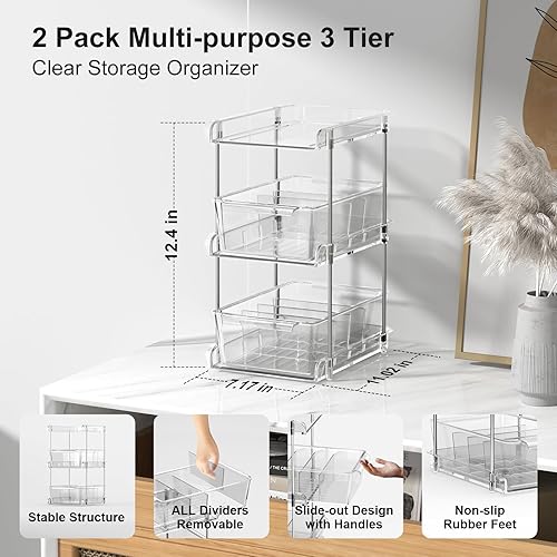 Miniatura 5 de Organizador de gabinete de baño de 3 niveles con divisores, paquete de 2, organizadores multiusos deslizables debajo del fregadero, bandeja