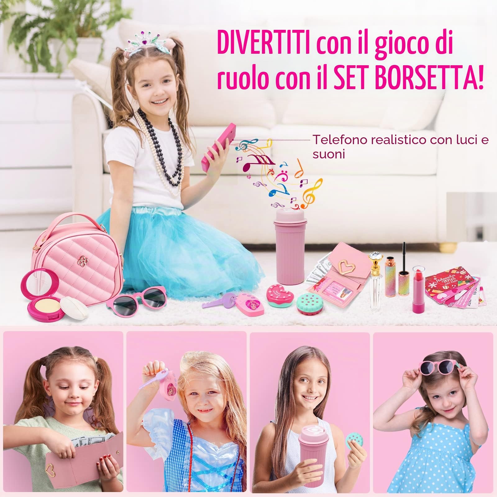 Borsetta per Bambina con Accessori Giocattolo, Trucchi Bambina, Telefono Giocattolo con Luce e Suono Portafoglio Carta di Credito Bottiglia d'acqua, Regali di Compleanno di Natale per Ragazze 3+ Anni