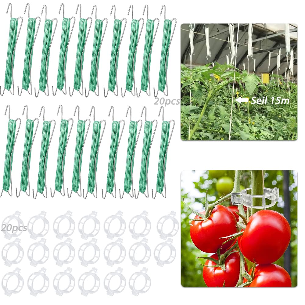 XTDMJ Tomatenhaken-Set, 20 Stück Mit 15 M Schnur & Clips - Zum Hochbinden Von Tomaten, Gurken & Rankpflanzen