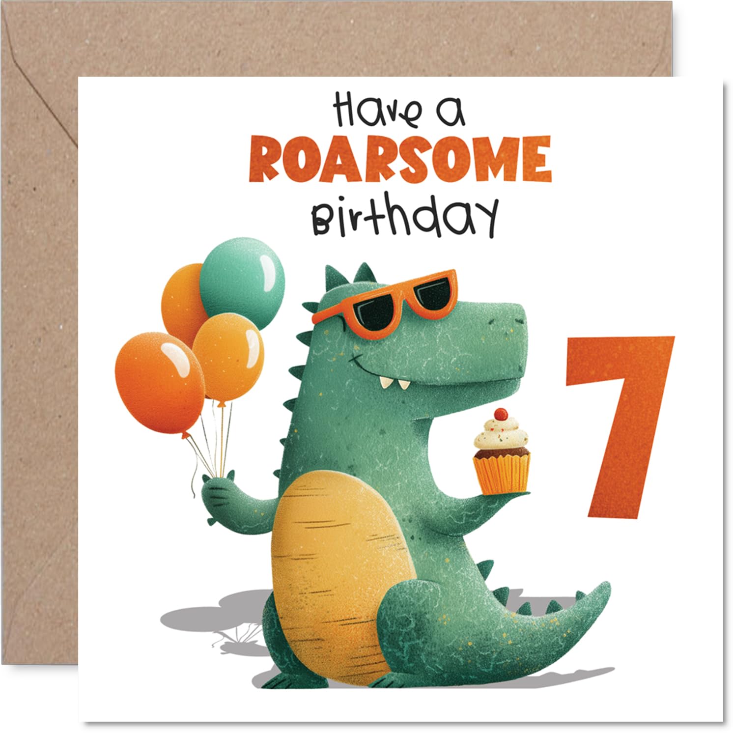 Playful 7th Birthday Card - Make Their Big Day Dino-mite - Cheery Dinosaur with Balloons and Cupcake - Bursting with Birthday Fun - 145mm Square, Envelope Included