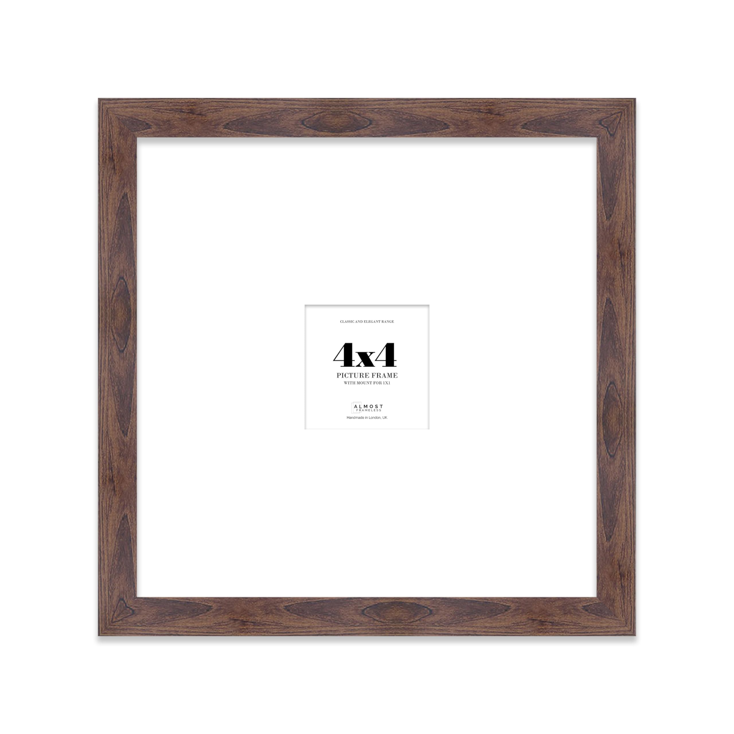 Almost Frameless 4x4 Square Picture Frame, Display Pictures 1x1 With Mat or 4x4 Without Mat, Wall Hanging & Free Standing Photo Frame, Walnut, 1 Pack
