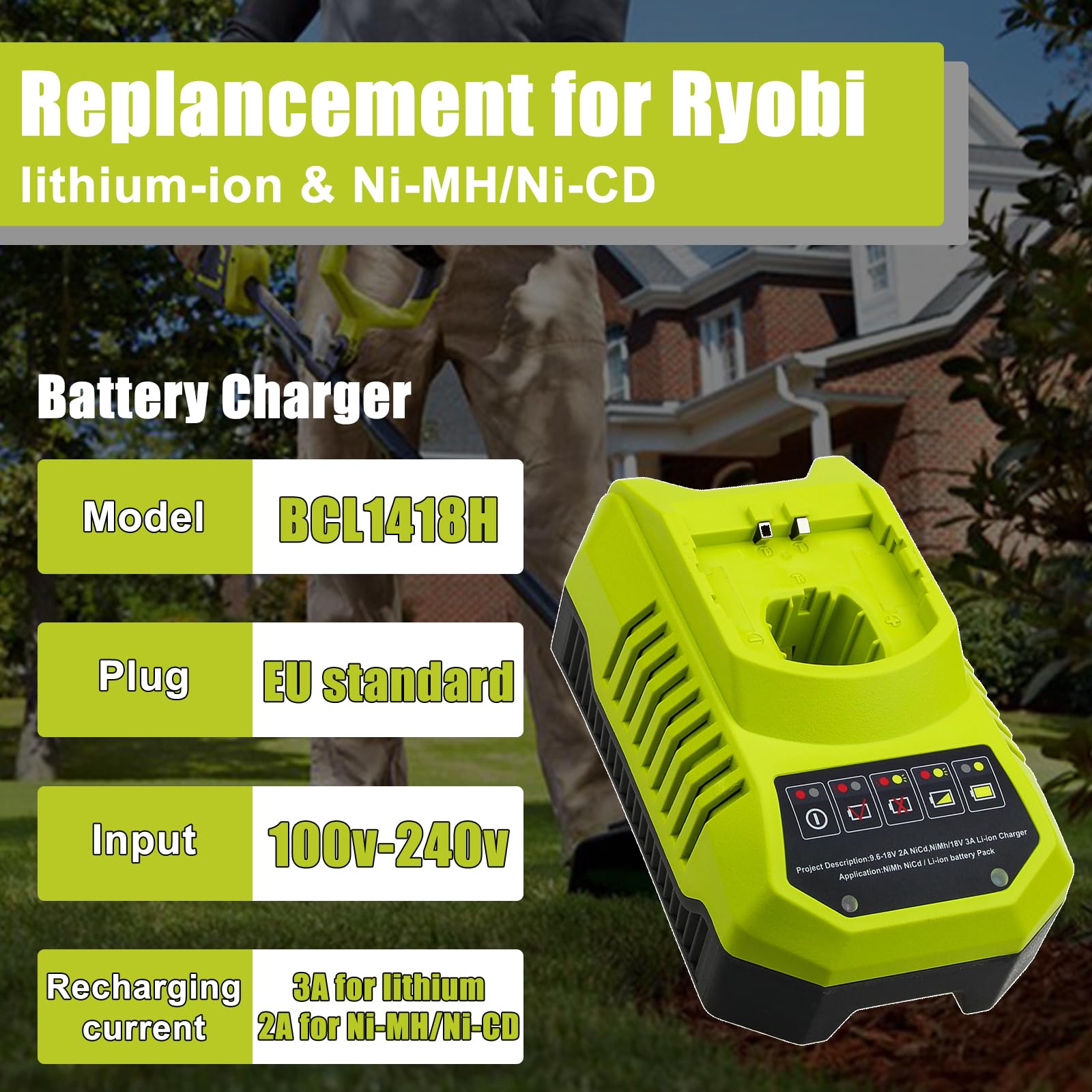 3A 9.6V-18V Remplacement Chargeur pour Ryobi 18V P108 P107 P104 P105 P102 P103 Outils Lithium-ION & NI-Mh Batterie