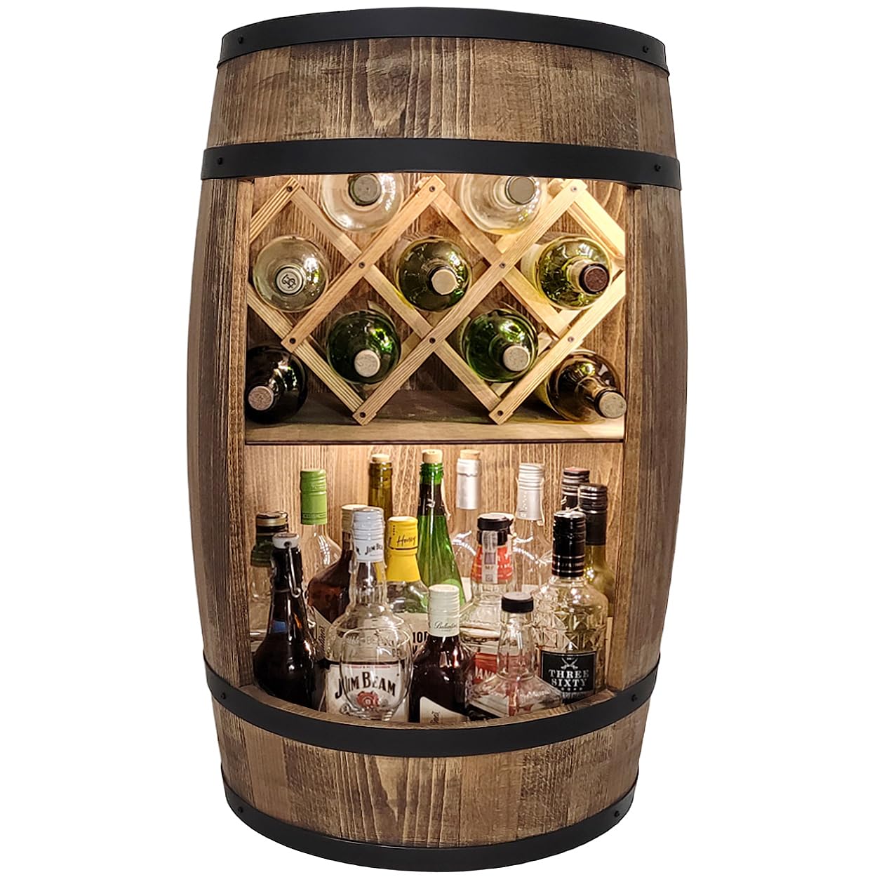 WEECO Tonneau Bar en Bois avec Éclairage LED – Casier à Vin avec 2 Étagères et Porte-Bouteilles – Bar Rustique pour Salon ou Cave à Vin – Décoration Vintage – 80x50cm Marron